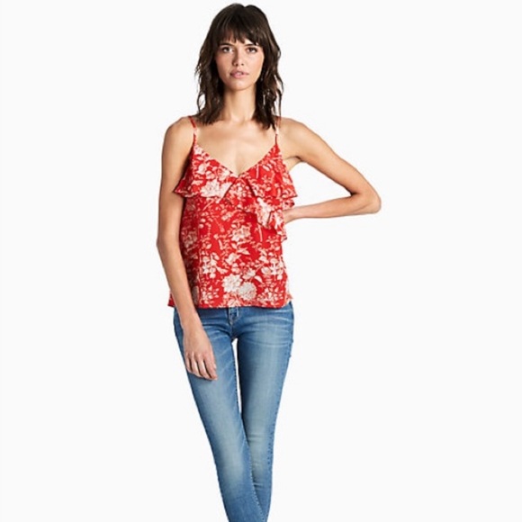 Lucky Brand Tops - LUCKY BRAND Tank Top Red White Silk Floral Cami Ruffle Accent Top